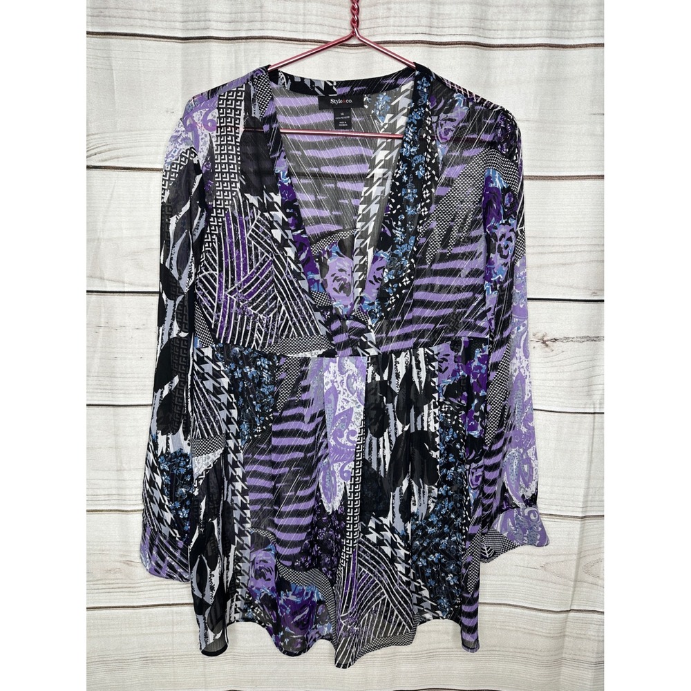 Style & Co Blouse Women 14 Purple Mixed Print Sheer Pleated Empire Waist V-Neck